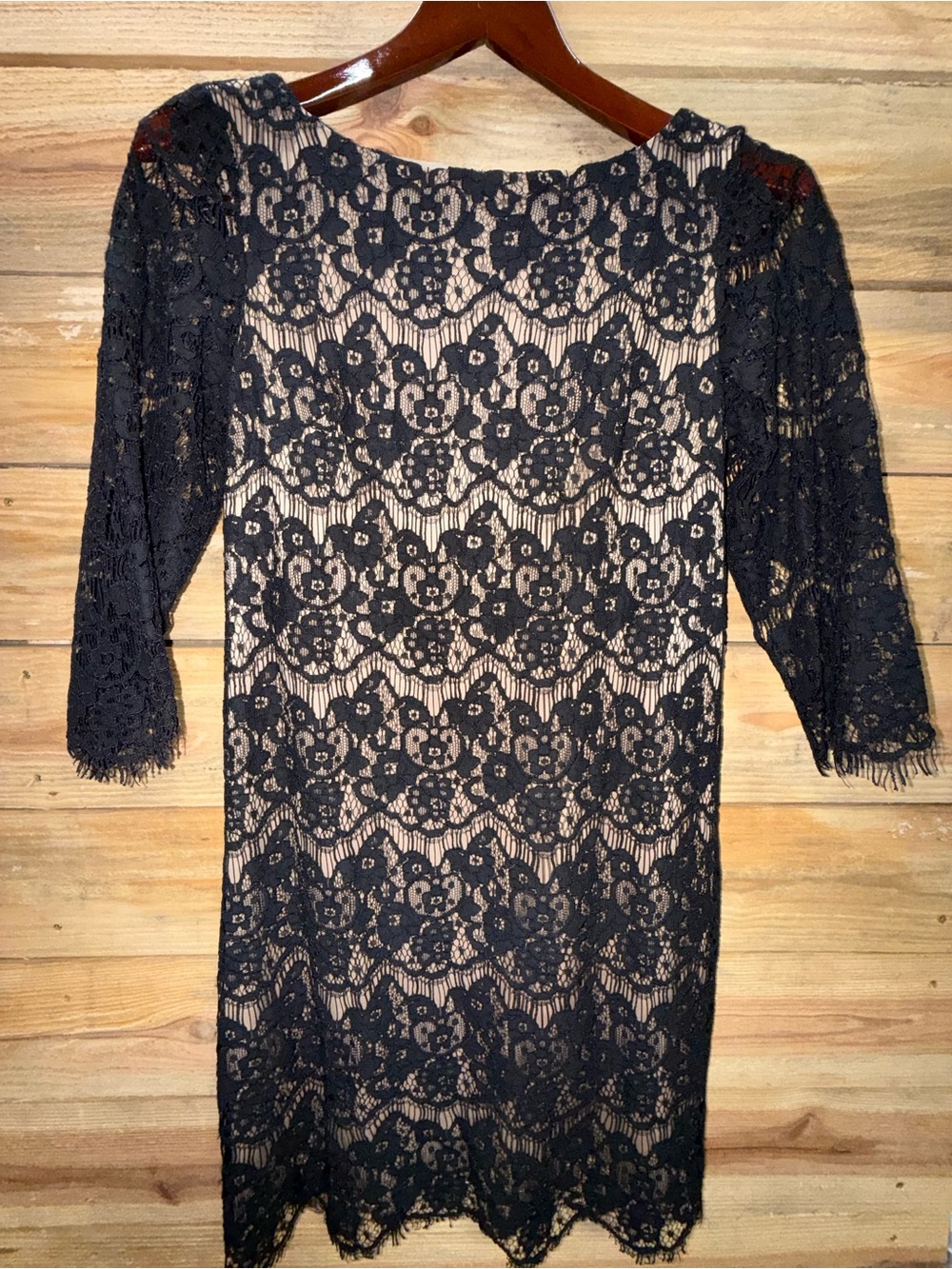 Jessica Howard Beautiful Black Lace Midi Dress with Nude Lining, NWT